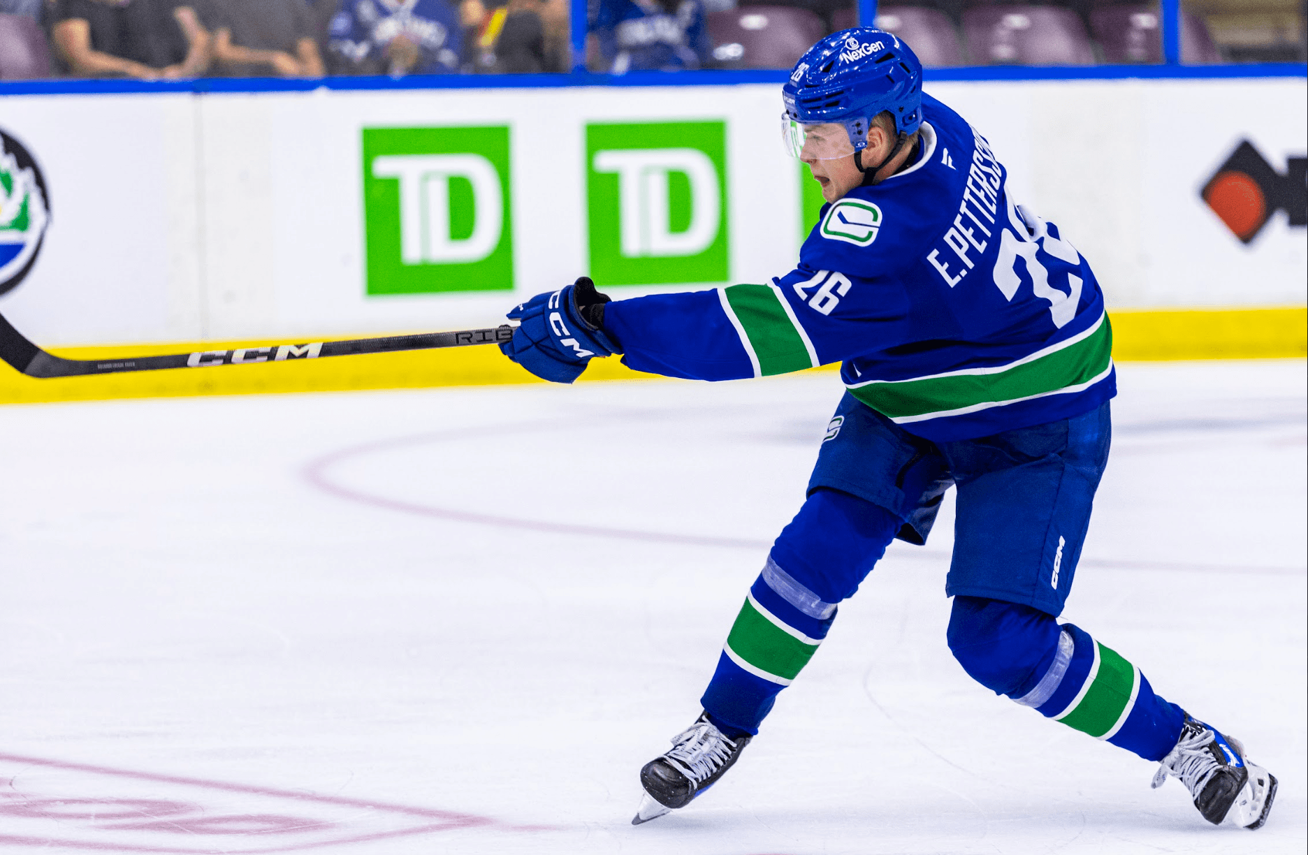 Defenceman Elias Pettersson shoots the puck at the 2024 Young Stars Classic game between the Vancouver Canucks and Edmonton Oilers