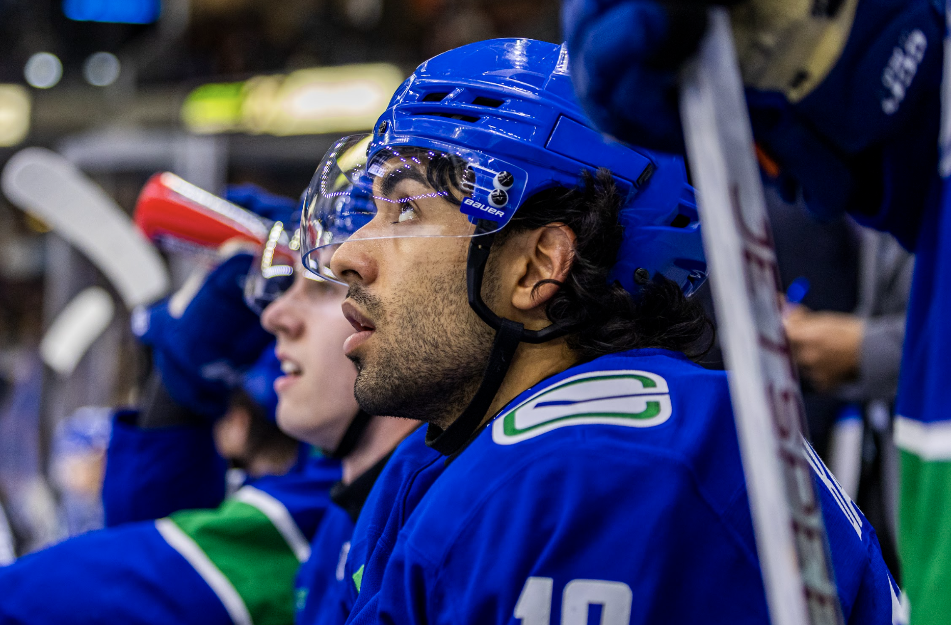 Vancouver Canucks forward Arshdeep Bains looks on from the bench during the Canucks' 2-0 win over the Edmonton Oilers at the 2024 Young Stars Classic from Penticton, B.C.